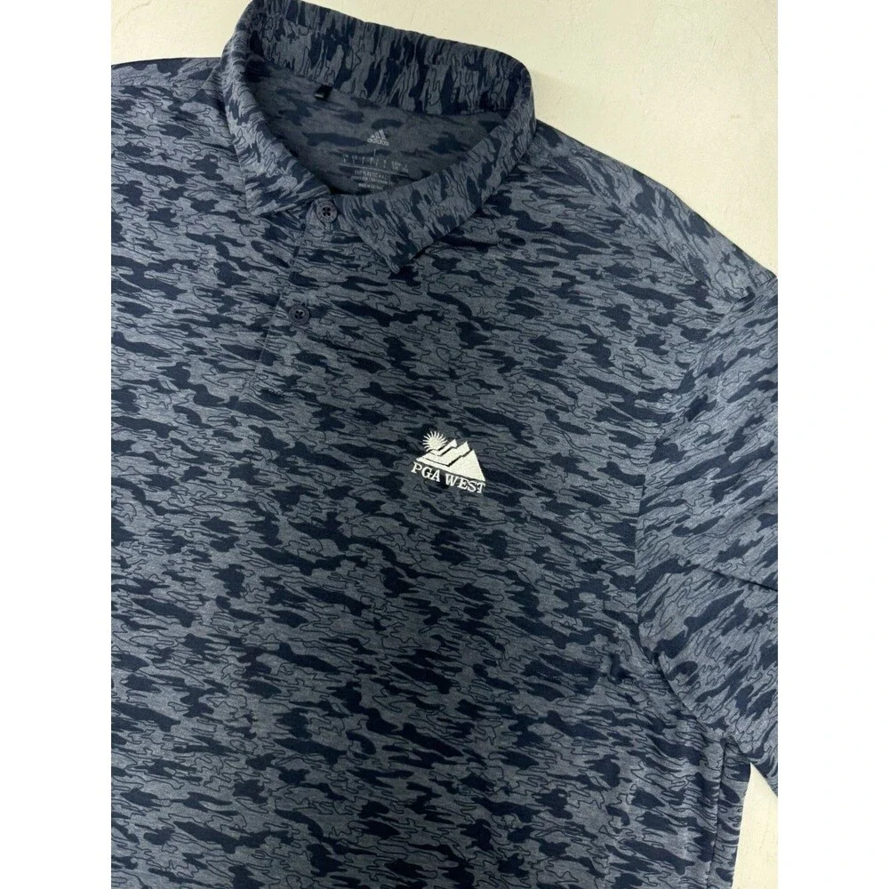 Adidas Polo Shirt Mens L PGA WEST California Blue Camo Print Golf Stretch Tech